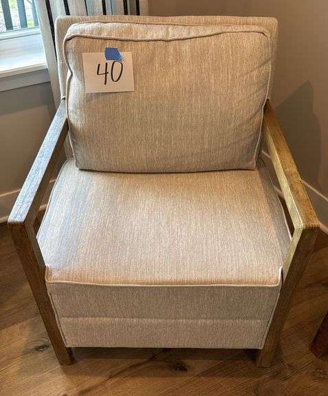 BEIGE ACCENT CHAIR W/ WOOD TRIM