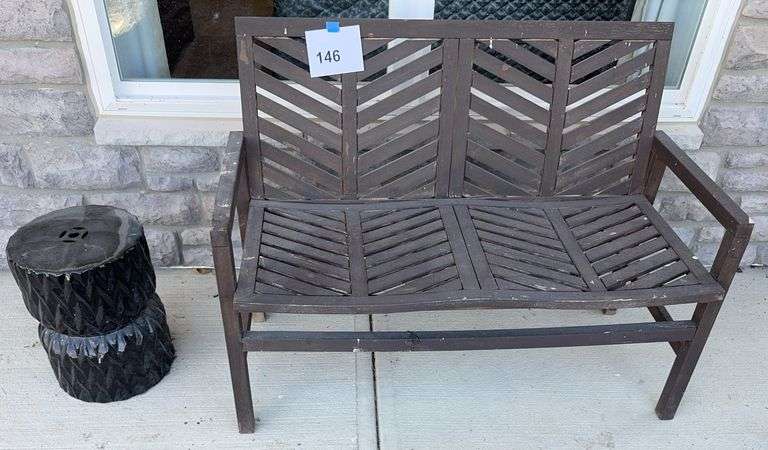ALL WEATHER WOOD LOVESEAT & METAL PLANT STAND - Earl's Auction Company