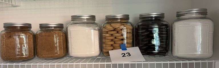 (6) GLASS CANISTERS FOR DECOR (SEALED SHUT)