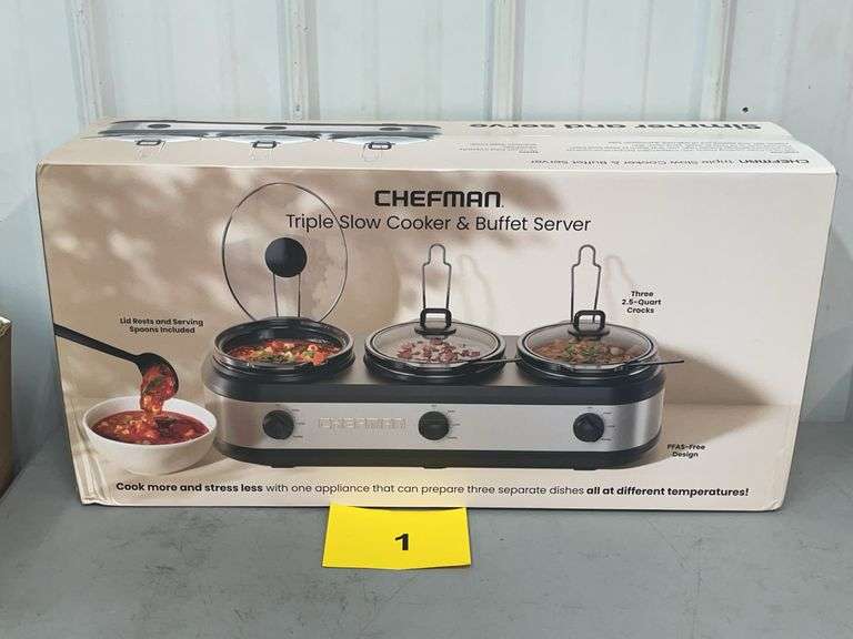 CHEFMAN TRIPLE SLOW COOKER & BUFFET SERVER IN BOX