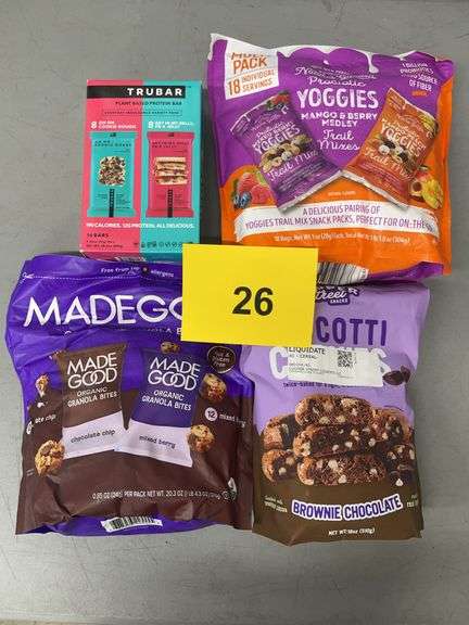 4PC SNACK LOT - PROTEIN BARS, TRAIL MIX, GRANOLA & BISCOTTI