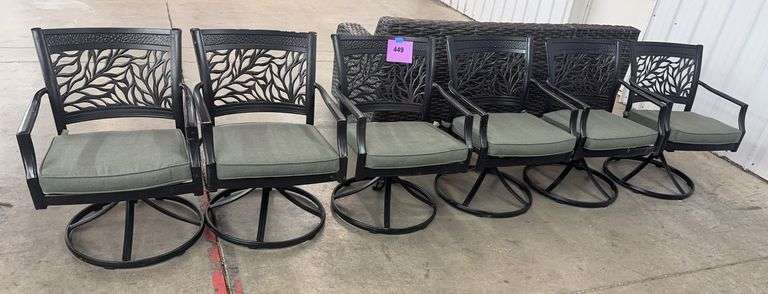 PRE-OWNED (6) PATIO SWIVEL DINING CHAIRS W/ SUNBRELLA CUSHIONS