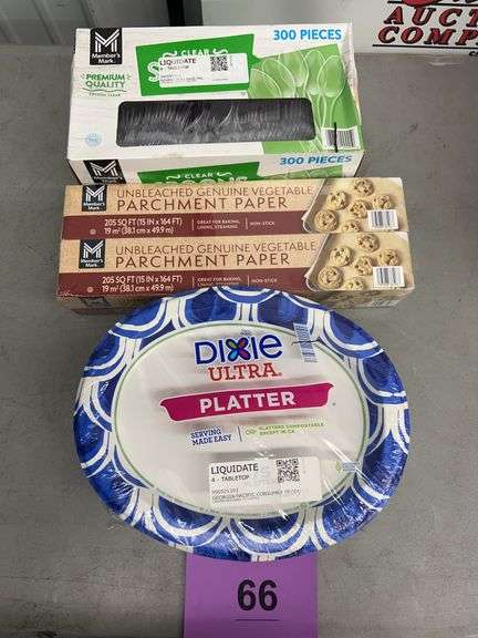 MISC DISPOSABLE LOT - SPOONS, PARCHMENT PAPER & DIXIE PLATTER