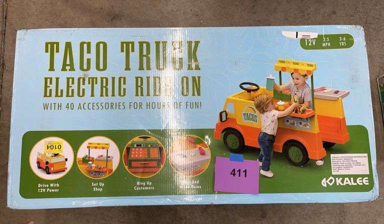 KIDS TACO TRUCK 12V RIDE ON IN BOX