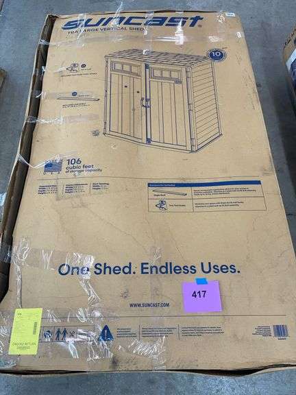 AS IS - SUNCAST XL VERTICAL SHED IN BOX