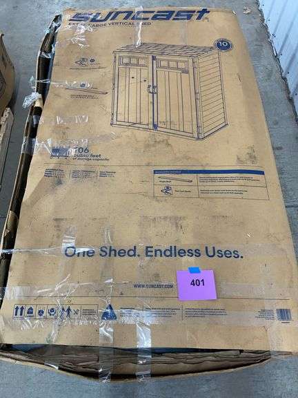 AS IS - SUNCAST XL VERTICAL SHED IN BOX