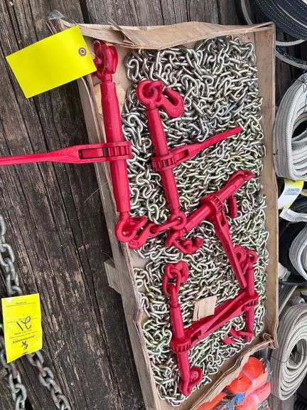 UNUSED (5) RATCHET BINDERS & (10) 5/16"X20' CHAINS
