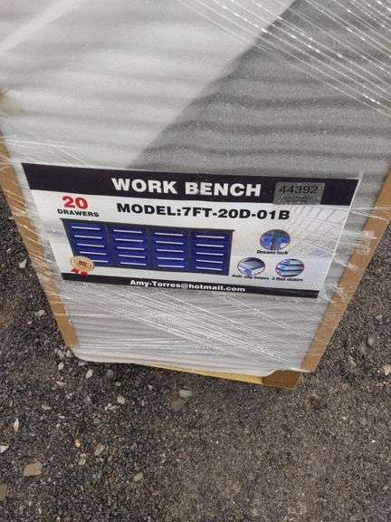 UNUSED 7' 20 DRAWER WORK BENCH-BLUE
