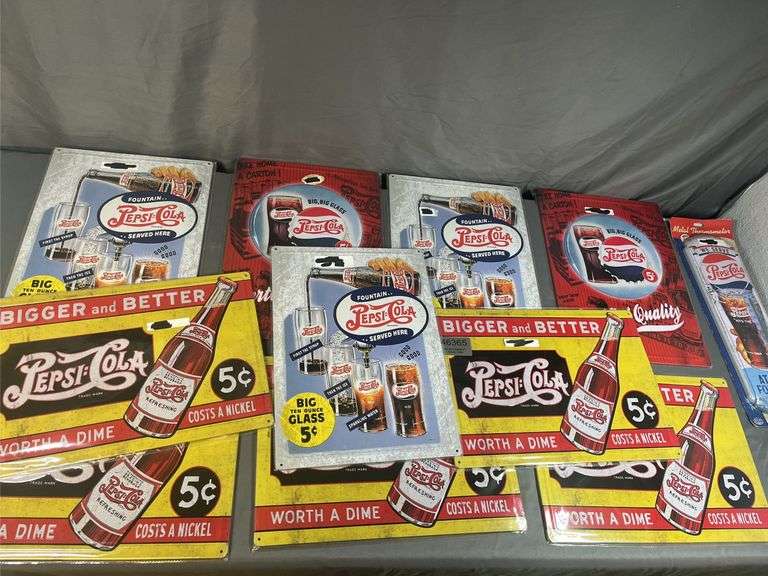 PEPSI METAL THERMOMETER & (4) METAL SIGNS