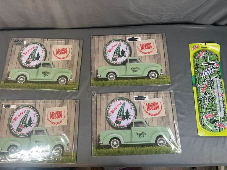 MTN. DEW METAL THERMOMETER AND (4) METAL SIGNS