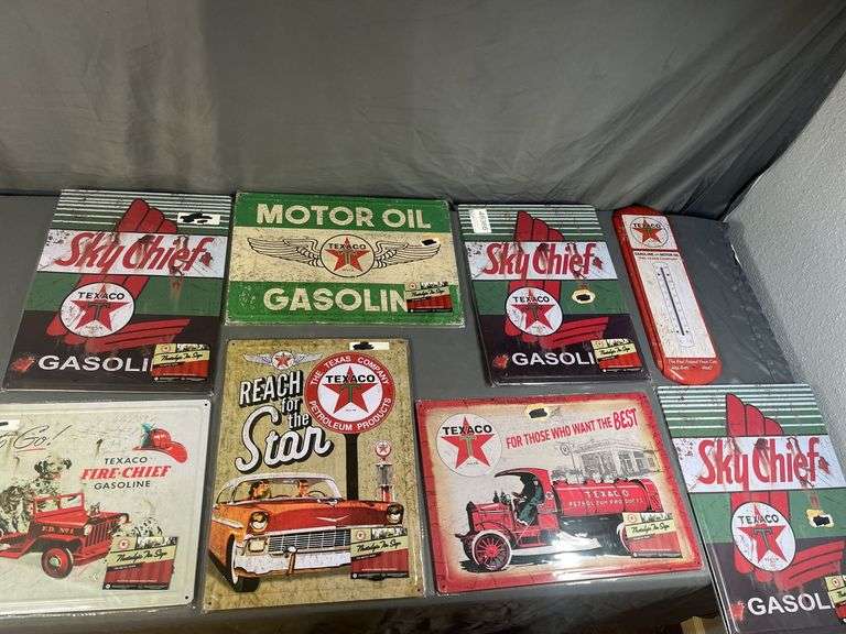 METAL TEXACO THERMOMETER & (10) TEXACO METAL SIGNS