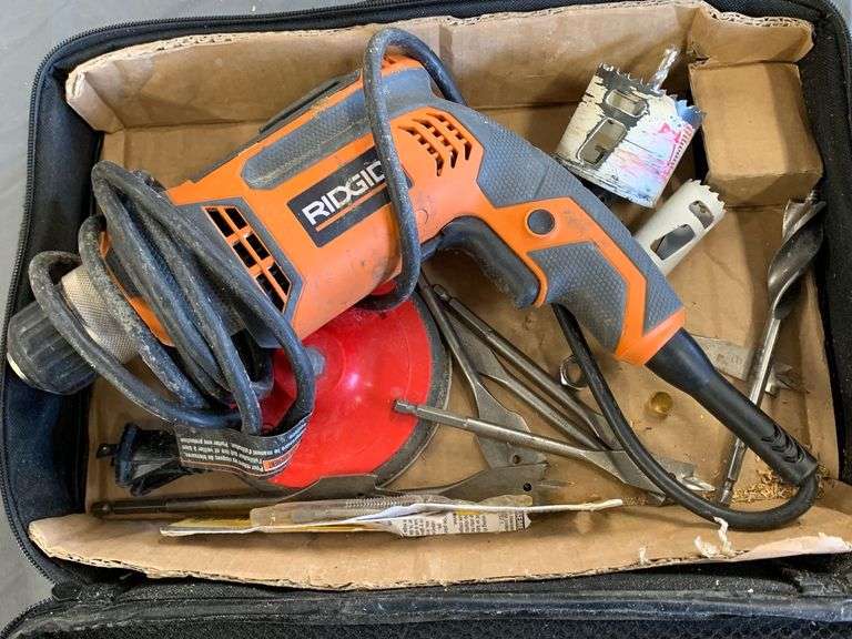 RIDGID ELECTRIC 3/8 DRILL WITH ACCESSORIES AND EXTRAS