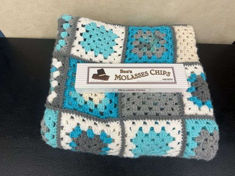 HANDMADE CROCHETED LAP BLANKET BY MARY MURUKIS & SEE'S MOLASSES CHIPS CANDY