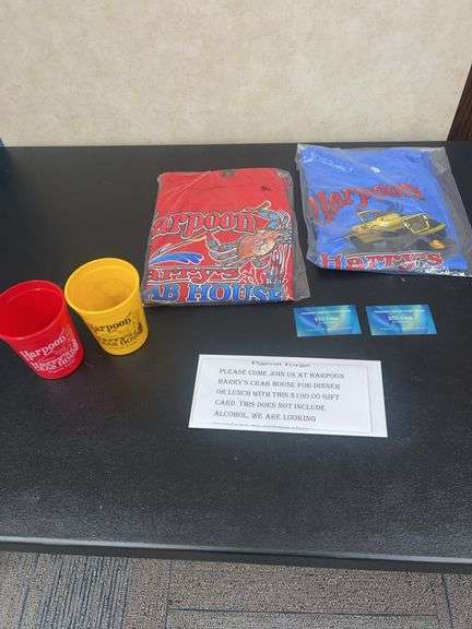 HARPOON HARRY (2) $50 GIFT CARDS & TSHIRTS & (2) PLASTIC CUPS