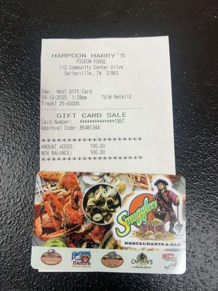 SMUGGLERS $100 GIFT CARD (MAY BE USED AT 6 DIFFERENT RESTAURANTS) &  (2)  TSHIRTS & (2) PLASTIC CUPS