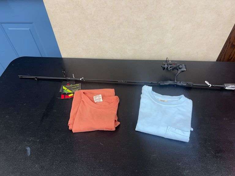 ABU GARCIA FISHING ROD WITH MAX REEL  & (2) SMALL SIZE TSHIRTS