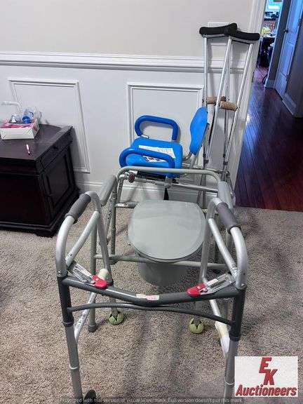 CAROSEL SLIDING SHOWER CHAIR/ADJ TOILET SEAT/CRUTCHES/DRIVE MEDICAL COLLAPSIBLE WALKER