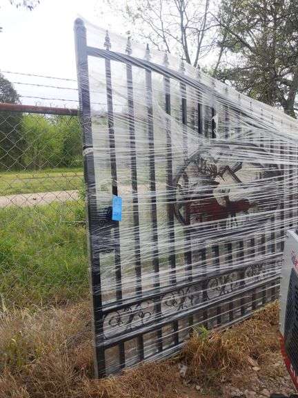 UNUSED 20' BI-PARTING WROUGHT IRON GATES DEER SCENE