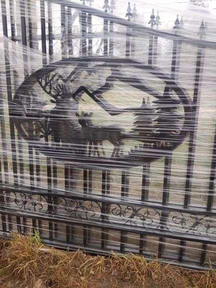 UNUSED 20' BI-PARTING WROUGHT IRON GATES DEER SCENE