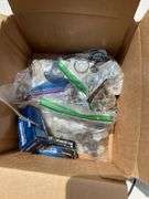 BOX OF FASTENERS/3 CAR JACKS/2 VAC PUMPS/JUGNUTS/SPARKPLUGS