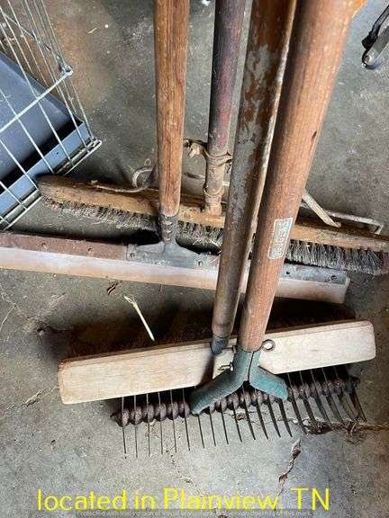 QTY (2) PUSHBROOMS/FLOOR SQUEEGE/METAL RAKE