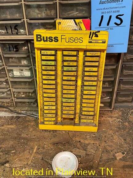 QTY (5) PLASTIC BOLT BINS WITH CONTENTSBUSS FUSES CABINET