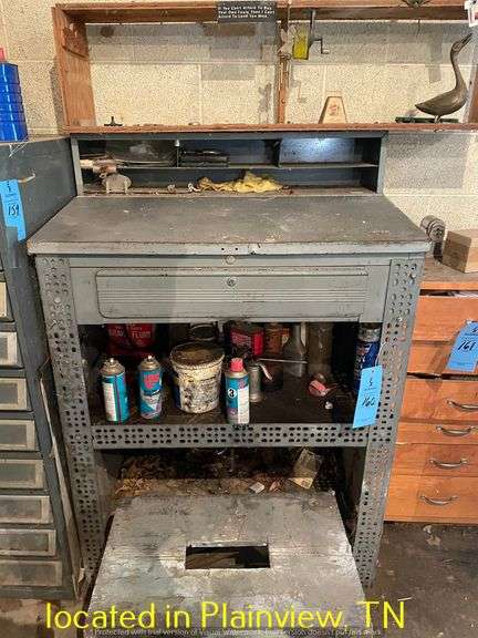 METAL SHOP DESK WITH ATTACHED WOODEN SHELF AND CONTENTS AND STOOL