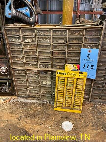 QTY (5) PLASTIC BOLT BINS WITH CONTENTSBUSS FUSES CABINET