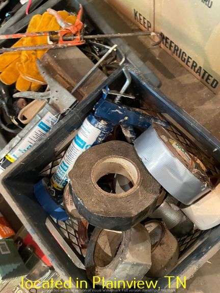 QTY (2) TRAYS OF MISC TOOLS/PARTS & CRATE OF DUCT TAPE