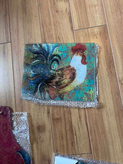 UNUSED GLASS ROOSTER CUTTING BOARDS/SERVING BOARDS -BIGGEST IS 15X11
