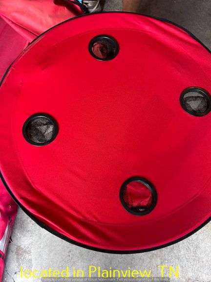 QTY (4) RED FOLDING PATIO CHAIRS & POP UP TABLE
