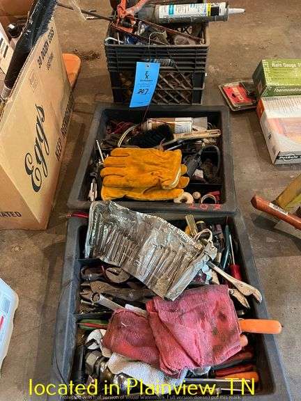 QTY (2) TRAYS OF MISC TOOLS/PARTS & CRATE OF DUCT TAPE