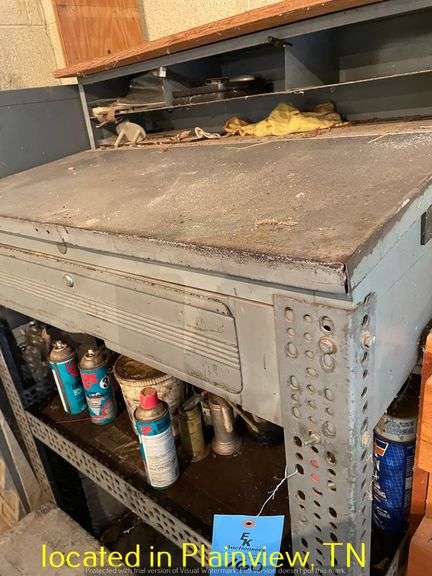 METAL SHOP DESK WITH ATTACHED WOODEN SHELF AND CONTENTS AND STOOL