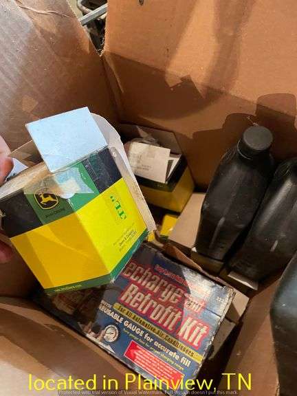 BOX OF JOHN DEERE FILTERS, PARTS AND MISC OIL