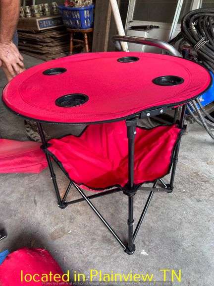 QTY (4) RED FOLDING PATIO CHAIRS & POP UP TABLE