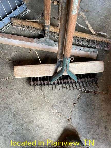 QTY (2) PUSHBROOMS/FLOOR SQUEEGE/METAL RAKE