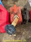 QTY (3) PLASTIC GAS CANS AND PARTIAL JUG OF CHAIN BAR OIL