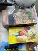 POTS AND PANS/LOCKING CAKE PLATTER/PERKALATOR/TUPPERWARE BOWLS/KNIVES/VEGETABLE SLICER