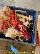 CRATE OF PLUMBING FITTINGS & PIPE CUTTERS