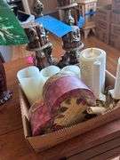 CANDLE STICKS AND CANDLES AND VASE OF ARTIFICIAL FLOWERS
