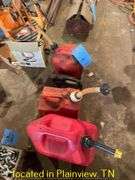 QTY (3) PLASTIC GAS CANS AND PARTIAL JUG OF CHAIN BAR OIL