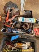QTY (2) TRAYS OF MISC TOOLS/PARTS & CRATE OF DUCT TAPE