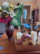 CANDLE STICKS AND CANDLES AND VASE OF ARTIFICIAL FLOWERS