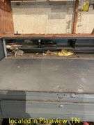 METAL SHOP DESK WITH ATTACHED WOODEN SHELF AND CONTENTS AND STOOL