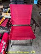 QTY (4) RED FOLDING PATIO CHAIRS & POP UP TABLE