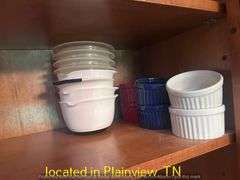 ASST BOWLS AND REMEKINS AND (8) CLEAR BASKET WEAVE TEA GLASSES