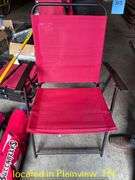 QTY (4) RED FOLDING PATIO CHAIRS & POP UP TABLE