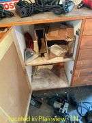 WOODEN 16"X18"X39" CABINET AND CONTENTS