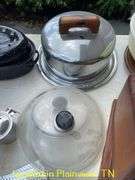 POTS AND PANS/LOCKING CAKE PLATTER/PERKALATOR/TUPPERWARE BOWLS/KNIVES/VEGETABLE SLICER