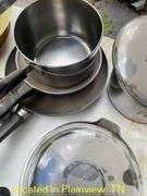 POTS AND PANS/LOCKING CAKE PLATTER/PERKALATOR/TUPPERWARE BOWLS/KNIVES/VEGETABLE SLICER